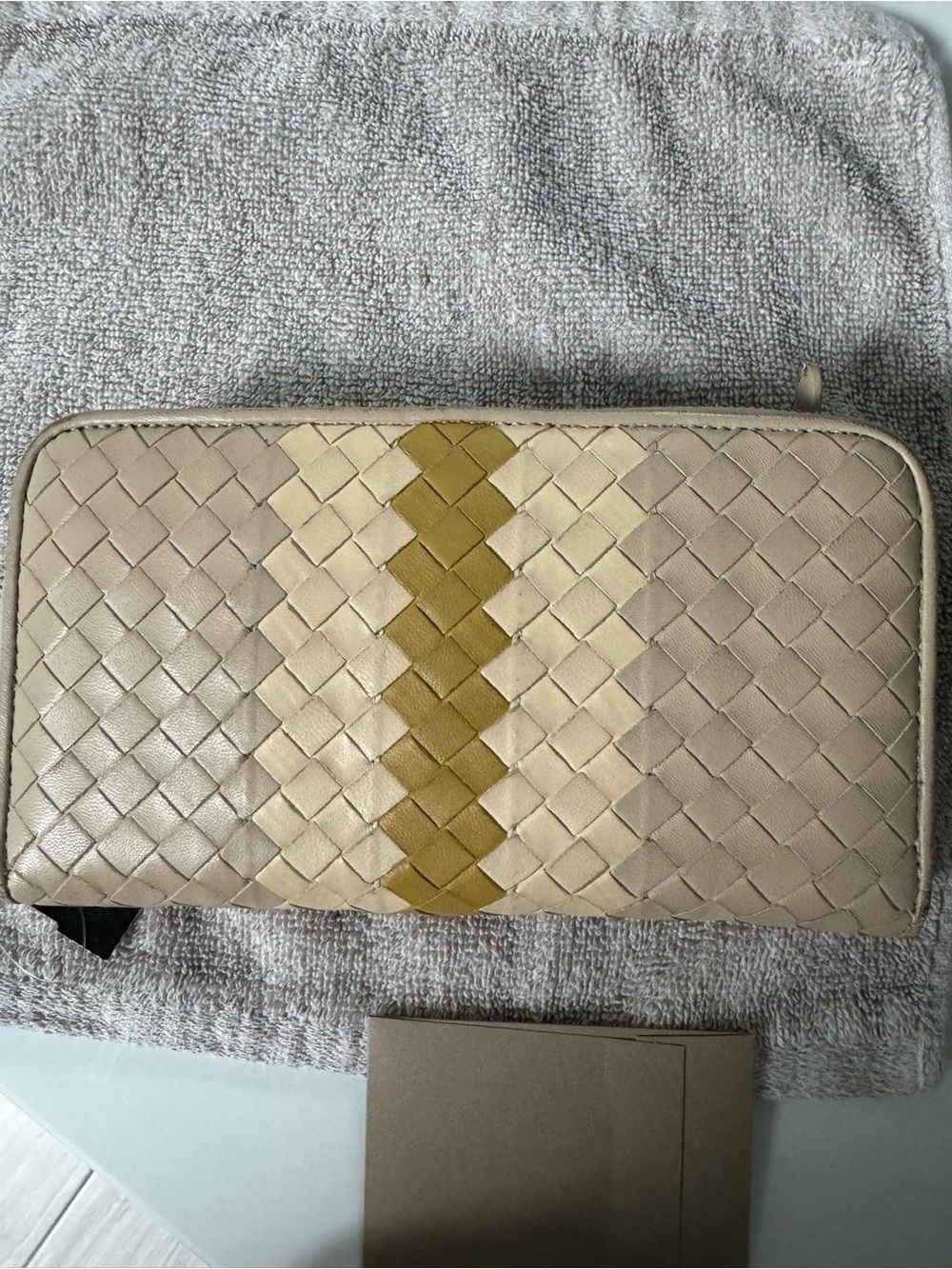Bottega Veneta Woven Leather Zip Wallet in Beige with Mustard Stripe